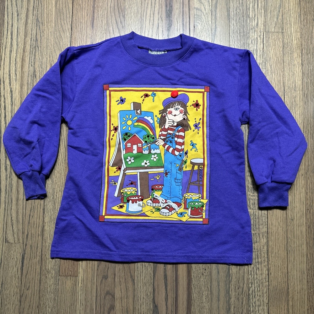 Vintage Zoodles Purple Girl Art Painter SZ 4 Long Sleeve Shirt Gems Bedazzle